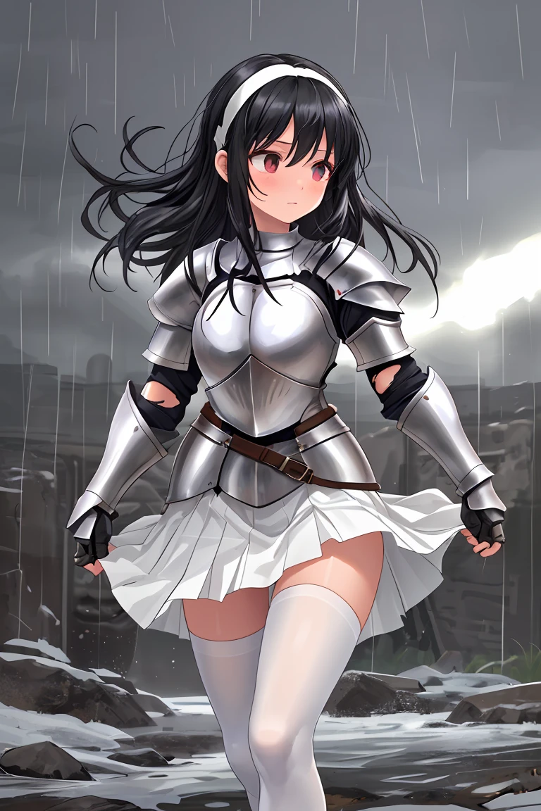 female knight　armor　Torn white skirt　Torn white tights　White underwear　Black Hair　Shortcuts　battlefield　heavy rain　hair band