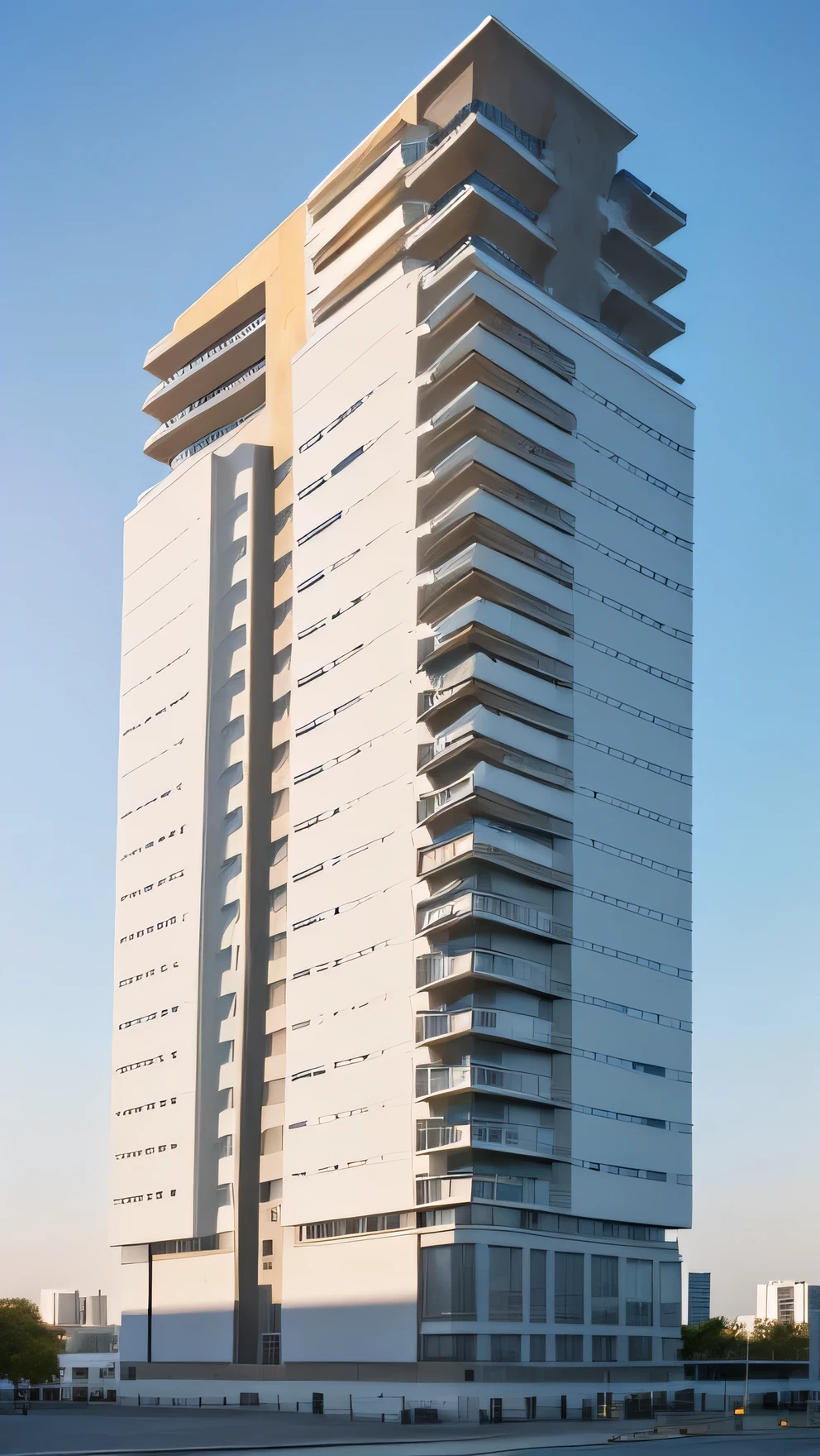 exterior of a highrise building, naoclassical style, colum and floor concrete, white facade, daylight, beautiful sky, in the city, high quality, masterpiece, uhd, 8k, raw photo,