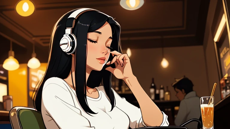 Beautiful woman in her 30s with black hair is sitting with headphones in a jazz bar. Looking down, eyes closed, LOFI girl, relaxing mood, cozy, only five fingers, Paris city, Well-proportioned face, female Beautiful fingers,