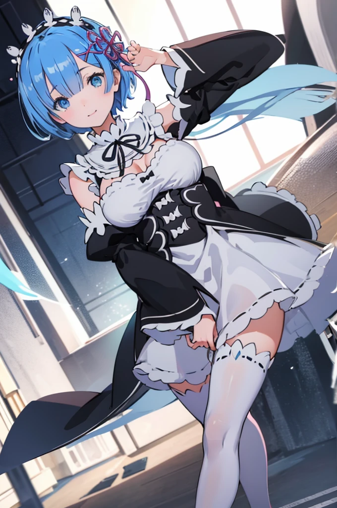 masterpiece, best quality, high resolution, best illustration, super fine illustration, (official art:0.7), (anime screencap:0.8), detailed beautiful face and eyes, anime keyvisual, (perfect anatomy:1.1), 
1girl,
rem, 
rem \(re:zero\),
short hair, 
blue hair, 
(blue eyes:1.2), (beatiful detailed eyes:1.2), 
maid headdress,  ribbon, x hair ornament, 
large breasts, 
maid uniform, detached sleeves, white tights, 
happy smile, 
looking at viewer, 
cowboy shot, 
natural light, 