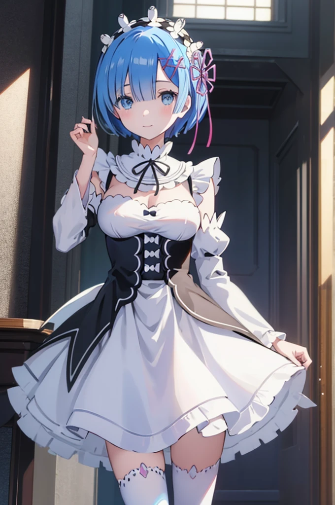 masterpiece, best quality, high resolution, best illustration, super fine illustration, (official art:0.7), (anime screencap:0.8), detailed beautiful face and eyes, anime keyvisual, (perfect anatomy:1.1), 
1girl,
rem, 
rem \(re:zero\),
short hair, 
blue hair, 
(blue eyes:1.2), (beatiful detailed eyes:1.2), 
maid headdress,  ribbon, x hair ornament, 
large breasts, 
maid uniform, detached sleeves, white tights, 
happy smile, 
looking at viewer, 
cowboy shot, 
natural light, 