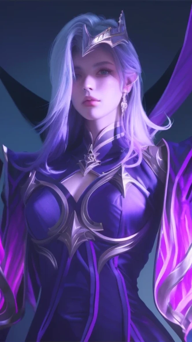 Realistic portrait of a woman in purple and black clothing, Portrait of the Knights of the Zodiac, Beautiful adult, Very detailed, complex, Gorgeous, Beautifully, Dramatic Lighting, Movie, Chiaroscuro, Dramatic shadows, Glowing eyes, Vague, mystery, Heavenly, universe, The art of math, Concept Art