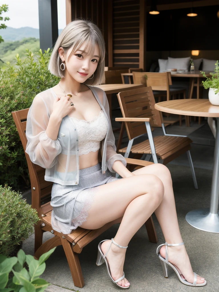 (8K, Realistic, RAW Photos, Highest quality: 1.4, detailed),Japanese idol-style beautiful girl,1 person,18-year-old,(Short Bob),(Silver Hair :1.1),She has her hair tucked behind her ears,Large, clear grey eyes,Long eyelashes,(piercings(small)),(Lip gloss),lips(Plump,glossy),(Lace tube top),(A short, see-through jacket),(Sheer layered flared skirt),Long legs,Barefoot and high heels,Cafe terrace with a view of the Japanese garden,(Sit on a chair(Spread your legs wide :1.2,Lean forward on the chair with your hands between your legs.)),Smiling at the camera,Front view,Full body portrait