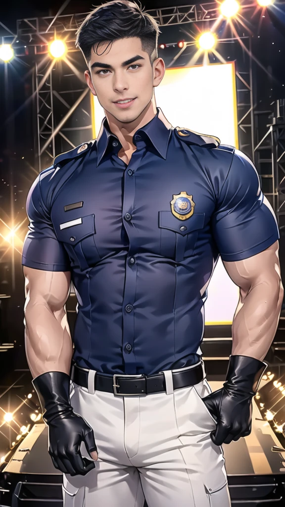 handsome man,(crew cut short hair:1.2),black eye,smile,open mouth (navy police uniform and t-shirt:1.2),(open shirt short sleeves:1.2),collar,(shirt covered over:1.2),(name tag and Police badge:1.2),(shirt no buttons:1.1),(black_gloves:1.3), (Navy blue cargo:1.2),Korean guy,korean men,(High gloss details),(chest muscles:1.2),(large arm muscles:1.2),blood vessel,Big muscles,Broad shoulders,looking at the audience,Balancing the eyes,middle of the road,(stage:1.4)