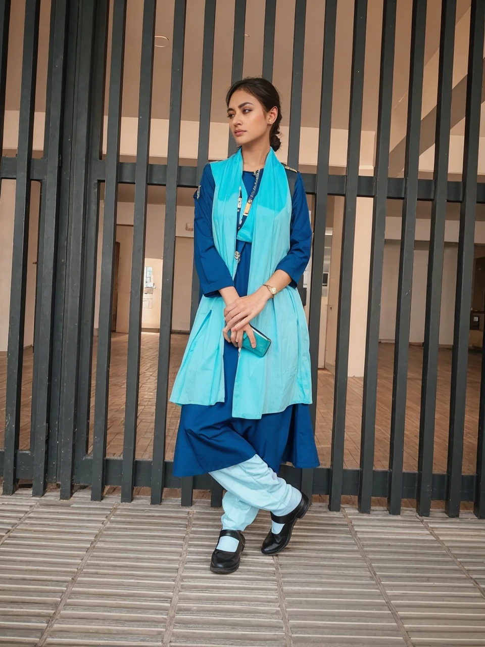 a woman in stocks pose, in Stocks Pose, Cuffs on Ankles and Wrists, wearing (patiala_salwar_kameez:1.2),hyperrealistic art RAW analog photo, Fuji X-T20, high quality, closeup, ultra-realistic, dark atmosphere, ultra quality, photo, raw photo, piercing eyes, <lora:XLStocksV9:1>