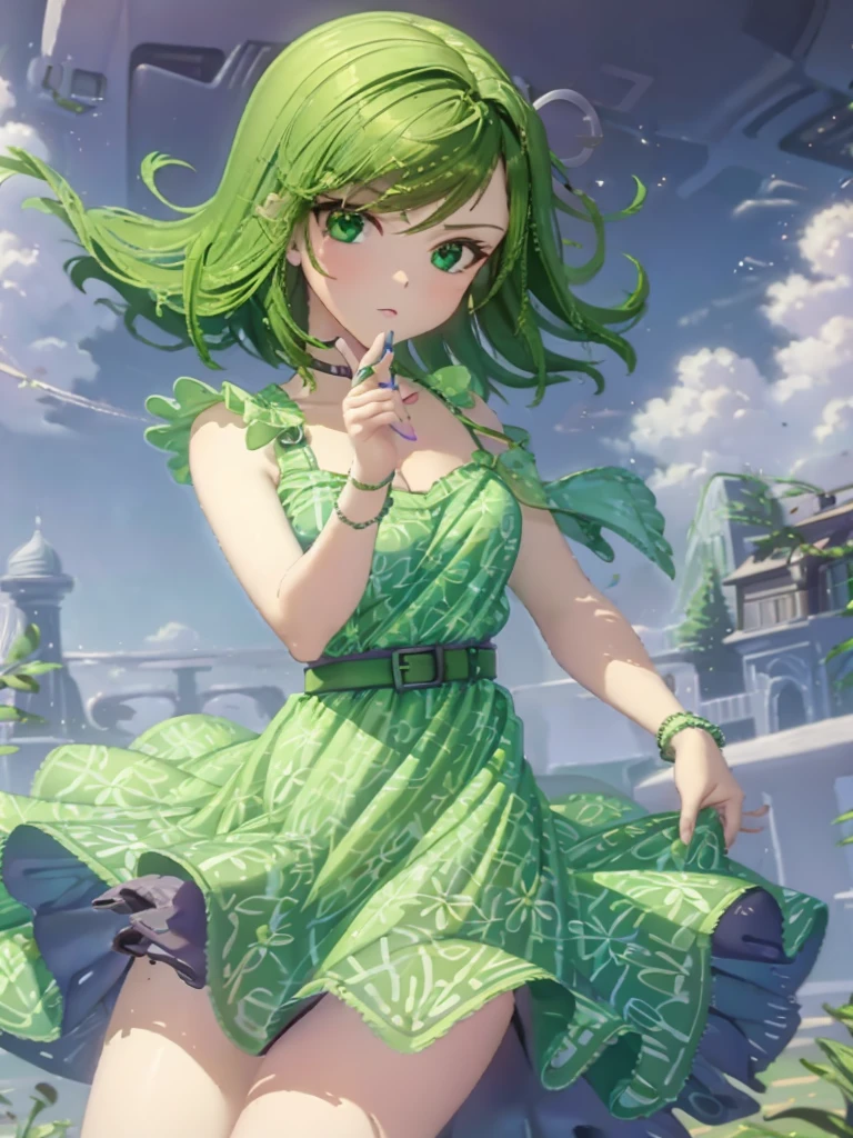 1girl, solo, beautiful girl, green skin, green eyes, big eyes, long eyelashes, green hair, short hair, shiny hair, medium breasts, green dress, apron dress, floral print dress, green belt, purple scarf, green leggins, looking at viewer, bare arms, bare shoulders, disgust face, narrow waist, big butt, covered nipples, violet lips, lip gloss, perfect hands, perfect anatomy,