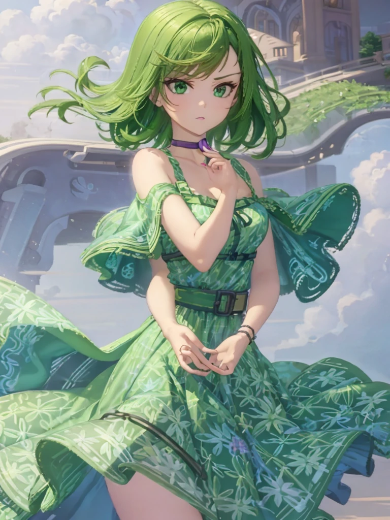 1girl, solo, beautiful girl, green skin, green eyes, big eyes, long eyelashes, green hair, short hair, shiny hair, medium breasts, green dress, apron dress, floral print dress, green belt, purple scarf, green leggins, looking at viewer, bare arms, bare shoulders, disgust face, narrow waist, big butt, covered nipples, violet lips, lip gloss, perfect hands, perfect anatomy,