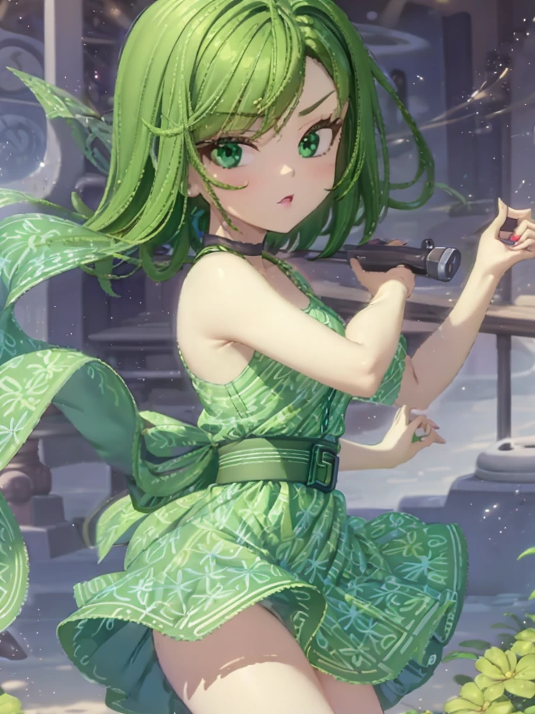 1girl, solo, beautiful girl, green skin, green eyes, big eyes, long eyelashes, green hair, short hair, shiny hair, medium breasts, green dress, apron dress, floral print dress, green belt, purple scarf, green leggins, looking at viewer, bare arms, bare shoulders, disgust face, narrow waist, big butt, covered nipples, violet lips, lip gloss, perfect hands, perfect anatomy,