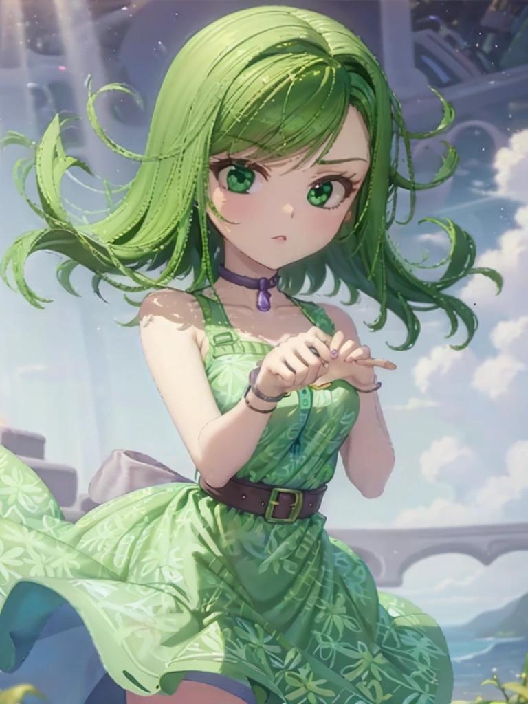 1girl, solo, beautiful girl, green skin, green eyes, big eyes, long eyelashes, green hair, short hair, shiny hair, medium breasts, green dress, apron dress, floral print dress, green belt, purple scarf, green leggins, looking at viewer, bare arms, bare shoulders, disgust face, narrow waist, big butt, covered nipples, violet lips, lip gloss, perfect hands, perfect anatomy,