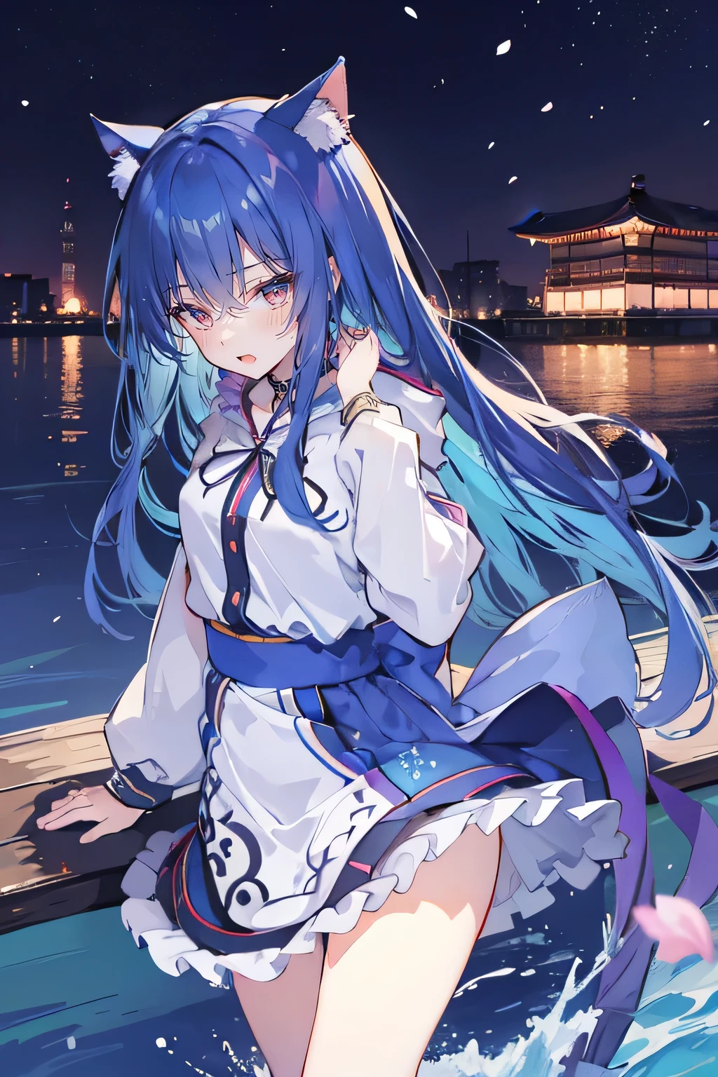 （masterpiece：1.2），Super detailed，lifelike，Expressive eyes，fair skin，perfect face shape，1 girl，
Japanese comics,Gorgeous blue hair,flowing blue hair,flowing clothes,Cat ears,Petals fall,beautiful lola,Baby Angel,
Shaking head with one hand，Cross your legs，Gentle and peaceful background，The pavilion is cool and comfortable,smile, wearing hoodie, background of tokyo,back views,snowing, winter,lie on the water. 