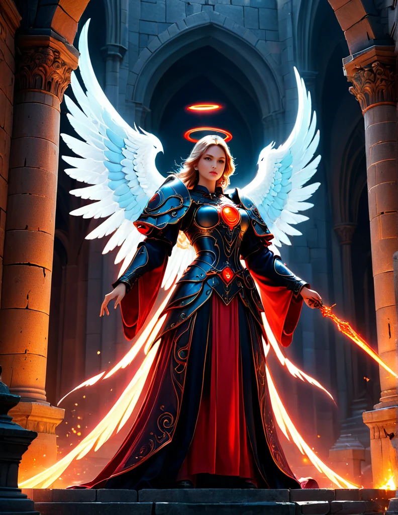 quality(8k wallpaper of extremely detailed CG unit, masterpiece, hight resolution, top-quality, top-quality ,hyper realisitic, digitial painting,increase the resolution,RAW photos,best qualtiy,highly detailed,the wallpaper),BREAK,8K, Gigantic angel with nimb is glowing , ancient castle, peoples prying, mage casting spell circles glowing red color,