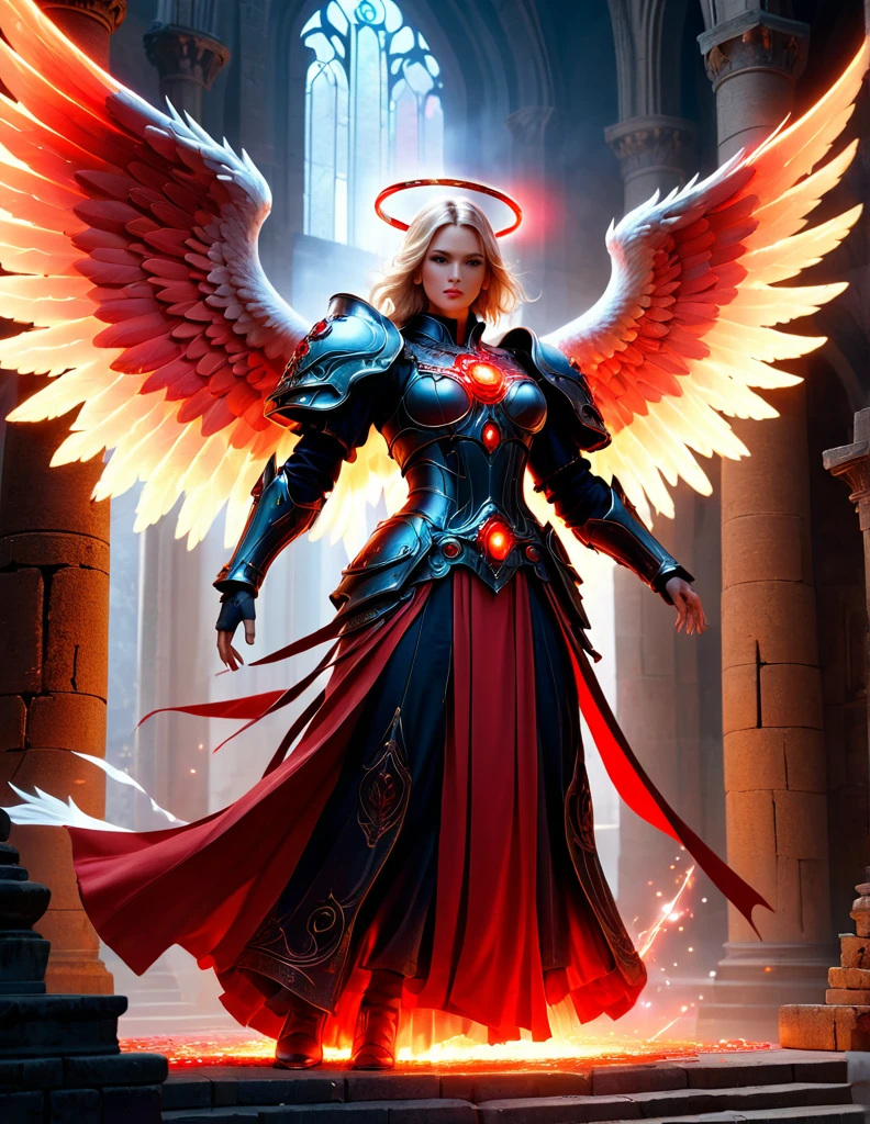quality(8k wallpaper of extremely detailed CG unit, ​masterpiece, hight resolution, top-quality, top-quality ,hyper realisitic, digitial painting,increase the resolution,RAW photos，best qualtiy,highly detailed,the wallpaper),BREAK,8K, Gigantic angel with nimb is glowing , ancient castle, peoples prying, mage casting spell circles glowing red color, 
