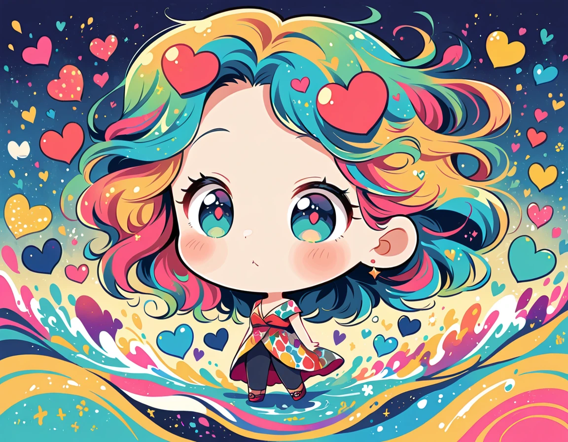 Mai Yoneyama style, Simple Line Initialism，Abstract art，Urban Background, colorful hearts ,(((The most beautiful girl of all time))), (((chibi))), (((Cute amoeba))), Water Play