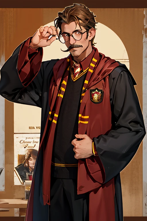 boy wearing gryffindor uniform. tanned skin. wearing square glasses. having a moustache.