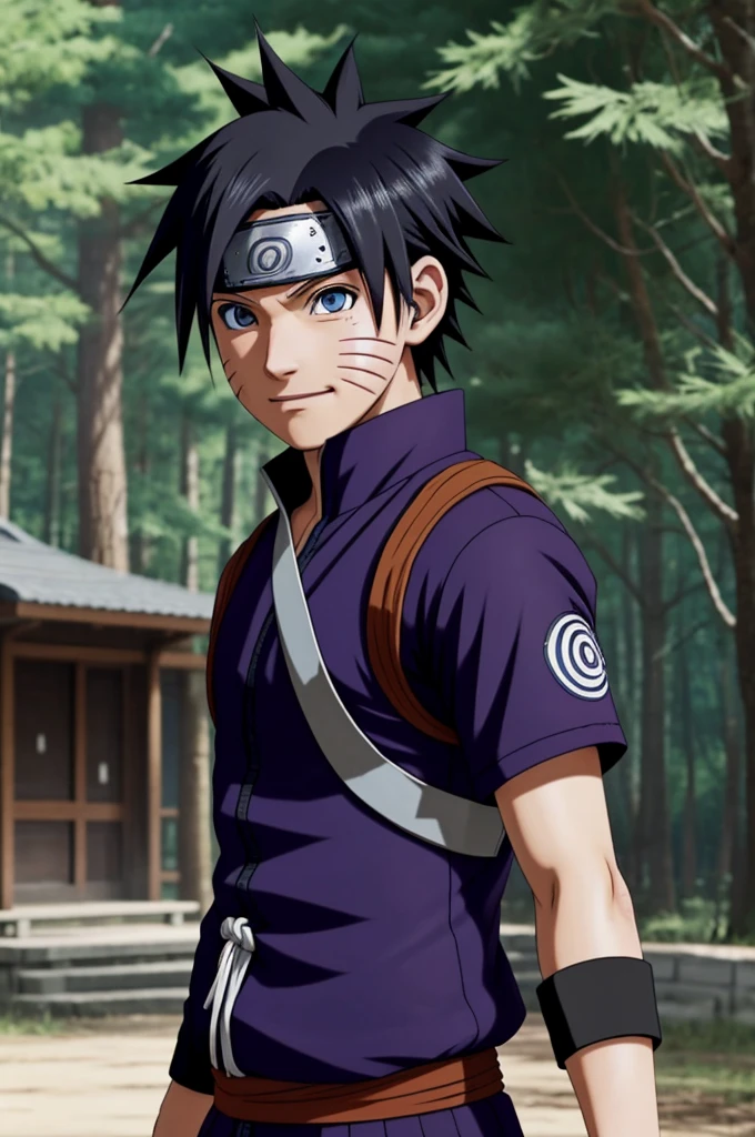 Screenshot of Naruto Shippuden. 
Boy with short raven hair, with a ninja band on his forehead, blue eyes, he has a happy expression, he is wearing the ambu uniform and in the background the Hokage's Office and he is standing with the ambu mask in his hand.
