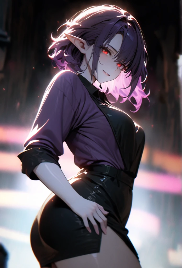 (solo), purple hair, messy hair, mane hair, short hair, short hair, dense hair, wild hair, expressive hair, mature,(25 year old), elf ears, pale skin, red eyes, ((femal)), wearing a black dress shirt, wearing a purple jacket,, rolled up sleeves, beautiful, attractive, eye reflection, medium breast, medium ass, smiling, depth of field, purple thunder aura, blue cinematic lighting, purple ray tracing, depth of field, cinematic lighting, purple ray tracing, UHD, high details, best quality, highres, high quality, award winning, super detail, masterpiece, 8k, UHD, high details, best quality, highres, high quality, award winning, super detail, masterpiece, 8k, digital art, anime coloring, full body shot, body shot, In a fighting position, Hand to hand combat, good face, perfect face, detailed face, good eyes, looking towards the screen.