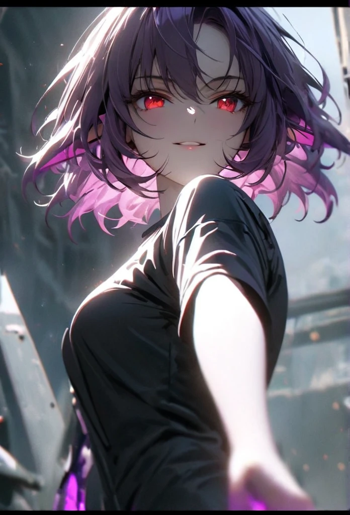 (solo), purple hair, messy hair, mane hair, short hair, short hair, dense hair, wild hair, expressive hair, mature,(25 year old), elf ears, pale skin, red eyes, ((femal)), wearing a black dress shirt, wearing a purple jacket,, rolled up sleeves, beautiful, attractive, eye reflection, medium breast, medium ass, smiling, depth of field, purple thunder aura, blue cinematic lighting, purple ray tracing, depth of field, cinematic lighting, purple ray tracing, UHD, high details, best quality, highres, high quality, award winning, super detail, masterpiece, 8k, UHD, high details, best quality, highres, high quality, award winning, super detail, masterpiece, 8k, digital art, anime coloring, full body shot, body shot, In a fighting position, Hand to hand combat, good face, perfect face, detailed face, good eyes, looking towards the screen.