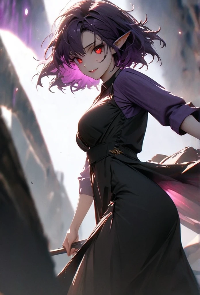 (solo), purple hair, messy hair, mane hair, short hair, short hair, dense hair, wild hair, expressive hair, mature,(25 year old), elf ears, pale skin, red eyes, ((femal)), wearing a black dress shirt, wearing a purple jacket,, rolled up sleeves, beautiful, attractive, eye reflection, medium breast, medium ass, smiling, depth of field, purple thunder aura, blue cinematic lighting, purple ray tracing, depth of field, cinematic lighting, purple ray tracing, UHD, high details, best quality, highres, high quality, award winning, super detail, masterpiece, 8k, UHD, high details, best quality, highres, high quality, award winning, super detail, masterpiece, 8k, digital art, anime coloring, full body shot, body shot, In a fighting position, Hand to hand combat, good face, perfect face, detailed face, good eyes, looking towards the screen.