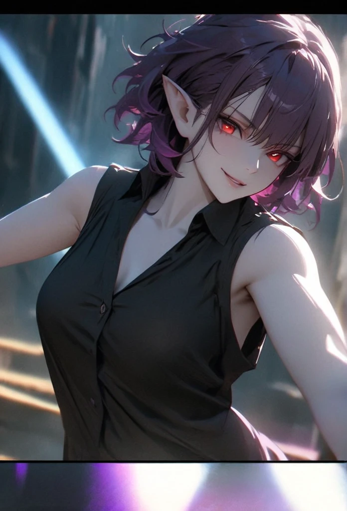 (solo), purple hair, messy hair, mane hair, short hair, short hair, dense hair, wild hair, expressive hair, mature,(25 year old), elf ears, pale skin, red eyes, ((femal)), wearing a black dress shirt, wearing a purple jacket,, rolled up sleeves, beautiful, attractive, eye reflection, medium breast, medium ass, smiling, depth of field, purple thunder aura, blue cinematic lighting, purple ray tracing, depth of field, cinematic lighting, purple ray tracing, UHD, high details, best quality, highres, high quality, award winning, super detail, masterpiece, 8k, UHD, high details, best quality, highres, high quality, award winning, super detail, masterpiece, 8k, digital art, anime coloring, full body shot, body shot, In a fighting position, Hand to hand combat, good face, perfect face, detailed face, good eyes, looking towards the screen.