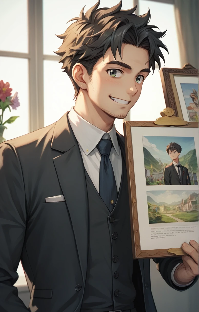 (best picture quality, masterpiece, anime), 1 man, age 40, smile, mysterious, black suit, dandy, 4K, best picture quality