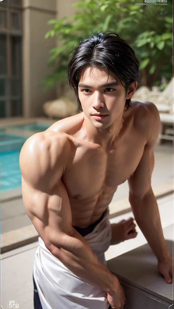 An 25-year-old philippines muscular male model, a handsome hunk with messy short flat hair, smiling at the camera, with well-developed muscles and a strong body. He was naked, wearing a tight black leather thong with a bulging crotch, exposed pubic hair and a serious look on his face. Standing in the swimming pool, he had handsome features and a delicate face. On his body, he has a naturally tall and straight figure, a handsome face, exquisite and beautiful details, a cute face, bright skin, a beautiful and harmonious face, beautiful and harmonious eyes, 8K, high quality, masterpiece