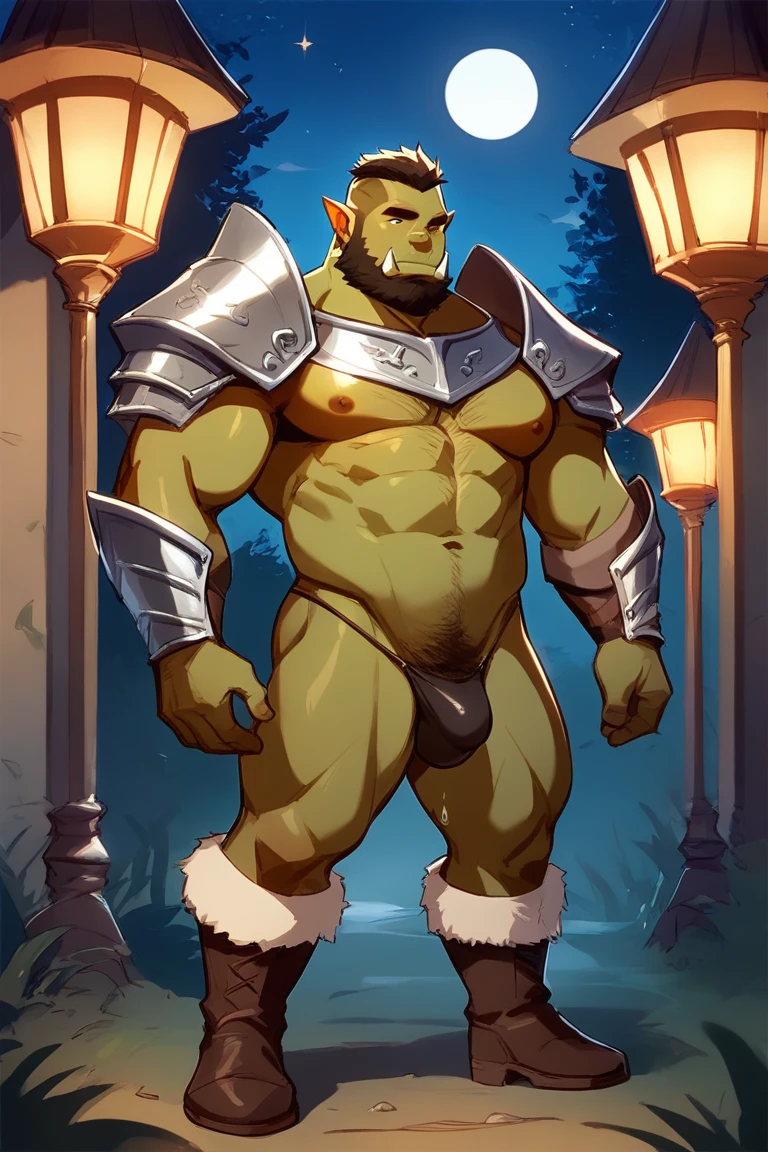 score_9, score_8_up, score_7_up, solo, male focus, mature male, orc, green skin, tusks, beard, outdoors, micro armor , shoulder armor, breastplate, upper body, closed mouth, pauldrons, night, night sky, standing , boots  , shirtless , (( micro-thong:_Pattern_designs_thongs_perspire_massive pec_Get wet all over your body))  , full body , black boots , bulge , laying spread legs 