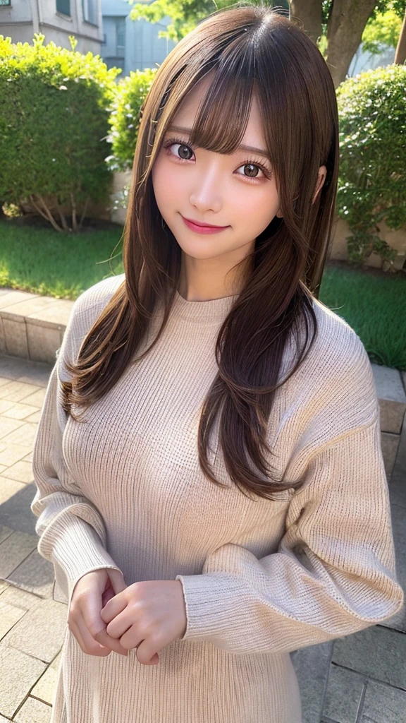 masutepiece, Best Quality, Illustration, Ultra-detailed, finely detail, hight resolution, 8K Wallpaper, Perfect dynamic composition, Beautiful detailed eyes, Mocha long sleeve knit dress,Straight hair,Small breasts natural color lip, Randomly sexy poses,Smile、20 years girl、Cute、Sexy shot looking at camera,Perfect and beautiful face