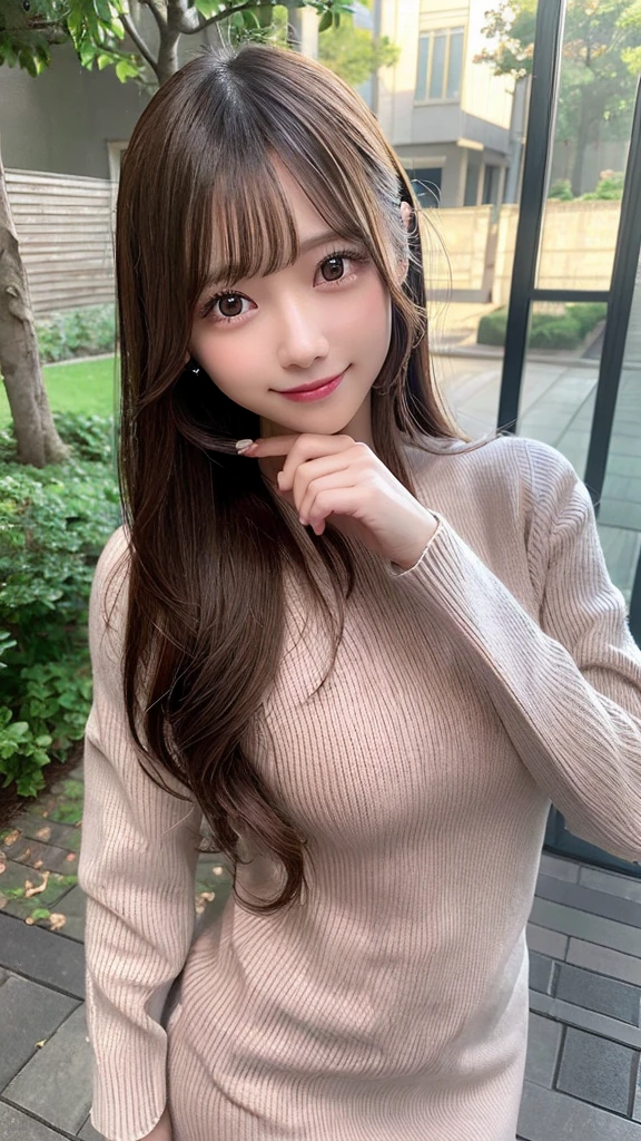 masutepiece, Best Quality, Illustration, Ultra-detailed, finely detail, hight resolution, 8K Wallpaper, Perfect dynamic composition, Beautiful detailed eyes, Mocha long sleeve knit dress,Straight hair,Small breasts natural color lip, Randomly sexy poses,Smile、20 years girl、Cute、Sexy shot looking at camera,Perfect and beautiful face