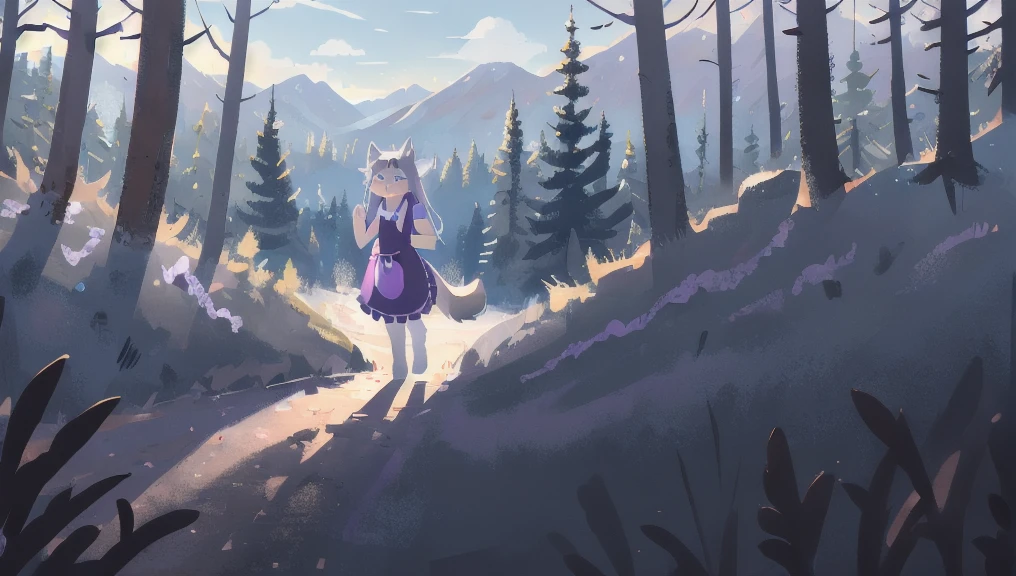 absurdres, furry, female furry, anthro, detailed portrait of a anthro woman, extreme detail, detailed fluffy fur, full body, blushing, detailed eyes, (cinematic lighting), (masterpiece, hi res, RAW photo, high resolution, high details, best quality), (high sharpness:1.3), (grey wolf ears), ((wolf tail)), ((grey fur)), straight_bangs, long violet hair, light blue eyes, (((purple apron))), green and forested mountains, forrest, trees, far shot, wide shot, scenery