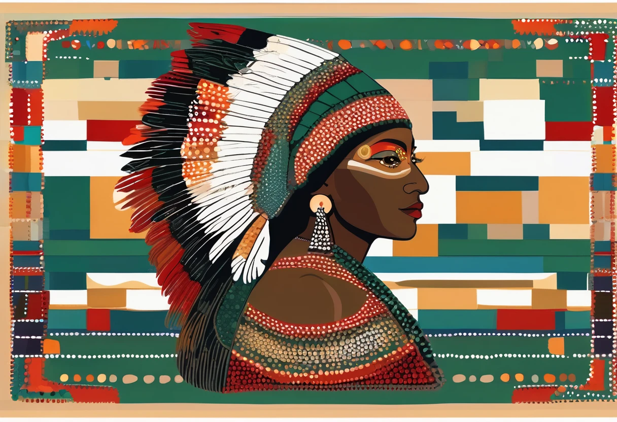 dot art of a Native American Indian woman, featuring dark skin adorned with two red painted lines on her cheeks. She wears a regal dark green dress embellished with white and beige feathers, her amber-brown eyes gazing confidently at the viewer. Her straight black hair is braided with white ribbons, adorned with a long war bonnet of white and beige feathers trailing to her lower back. Beside her stands  an owl perch.