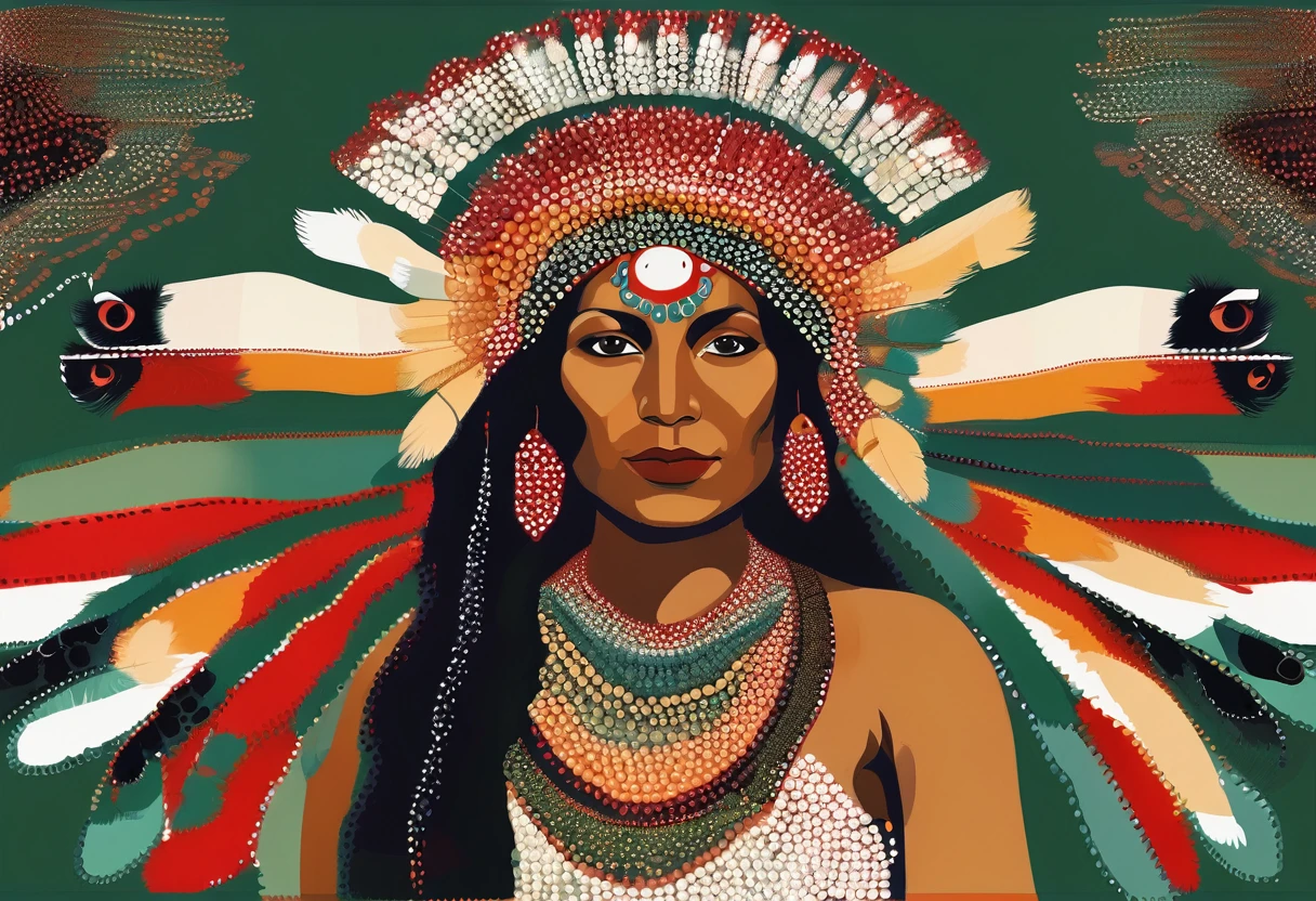 dot art of a Native American Indian woman, featuring dark skin adorned with two red painted lines on her cheeks. She wears a regal dark green dress embellished with white and beige feathers, her amber-brown eyes gazing confidently at the viewer. Her straight black hair is braided with white ribbons, adorned with a long war bonnet of white and beige feathers trailing to her lower back. Beside her stands  an owl perch.