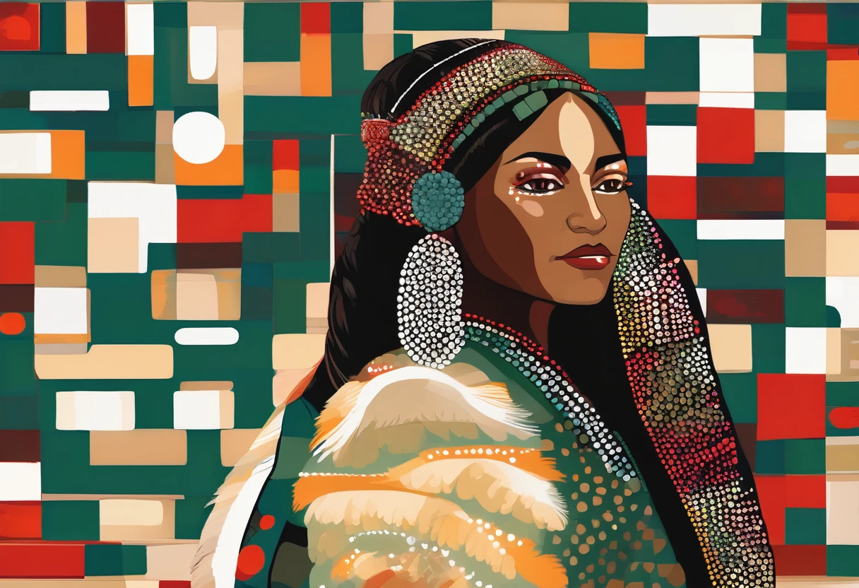 dot art of a Native American Indian woman, featuring dark skin adorned with two red painted lines on her cheeks. She wears a regal dark green dress embellished with white and beige feathers, her amber-brown eyes gazing confidently at the viewer. Her straight black hair is braided with white ribbons, adorned with a long war bonnet of white and beige feathers trailing to her lower back. Beside her stands  an owl perch.