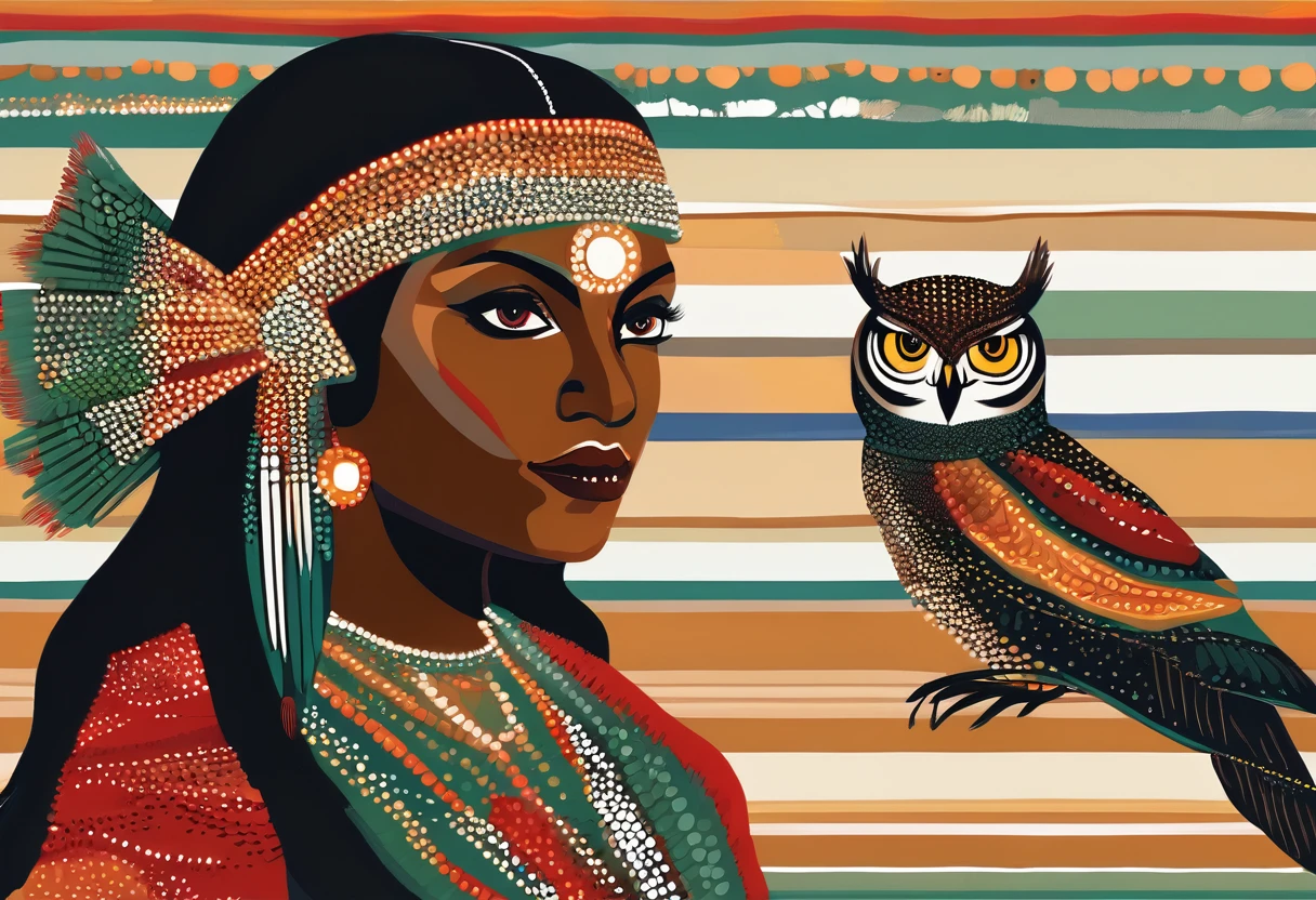 dot art of a Native American Indian woman, featuring dark skin adorned with two red painted lines on her cheeks. She wears a regal dark green dress embellished with white and beige feathers, her amber-brown eyes gazing confidently at the viewer. Her straight black hair is braided with white ribbons, adorned with a long war bonnet of white and beige feathers trailing to her lower back. Beside her stands  an owl perch.