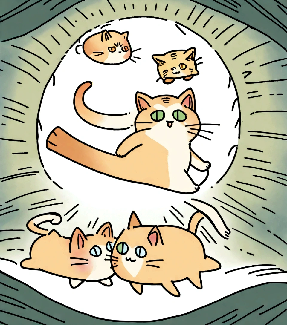 there is a drawing of a Cat with a tail, Cat design, Will Barnett (Will Barnet) of inspiration, illustration of a Cat, running Cat, anthropomorphic Cat, Simple drawing method, !!! Cat!!!, Cat is floating in air, tufty whiskers, Inspired by Charles Ginner, Cartoon, Simple line art, Cat tail, a cute Cat, Hand Painted