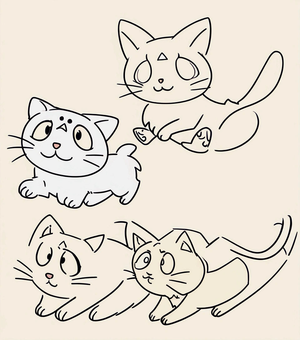 there is a drawing of a Cat with a tail, Cat design, Will Barnett (Will Barnet) of inspiration, illustration of a Cat, running Cat, anthropomorphic Cat, Simple drawing method, !!! Cat!!!, Cat is floating in air, tufty whiskers, Inspired by Charles Ginner, Cartoon, Simple line art, Cat tail, a cute Cat, Hand Painted