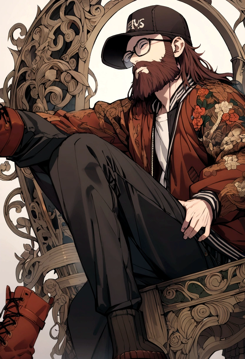 Three-headed character、Man wearing a baseball cap、Black-rimmed glasses、Beard、Black Sukajan、Levi's 501、Reddish brown boots