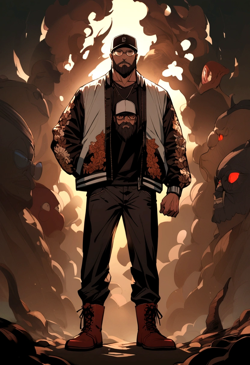 Three-headed character、Man wearing a baseball cap、Black-rimmed glasses、Beard、Black Sukajan、Levi's 501、Reddish brown boots