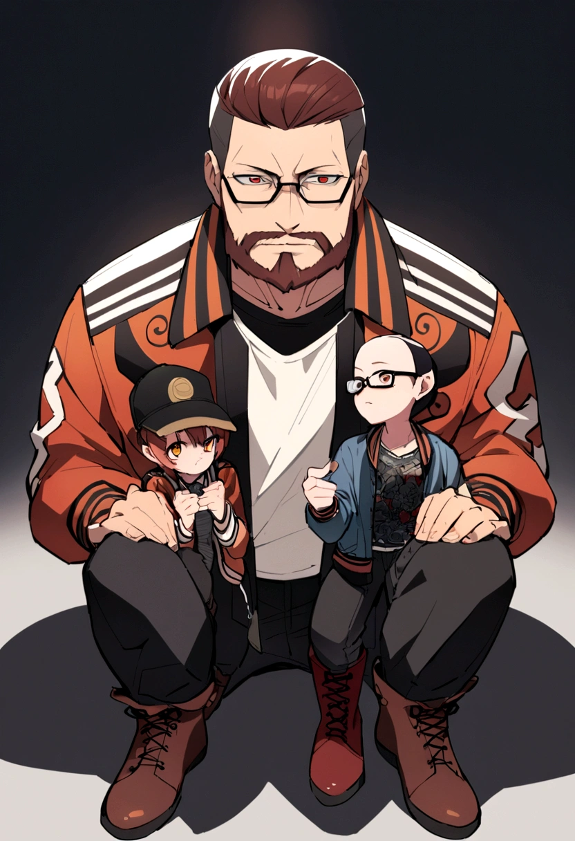 Three-headed character、Man wearing a baseball cap、Black-rimmed glasses、Beard、Black Sukajan、Levi's 501、Reddish brown boots