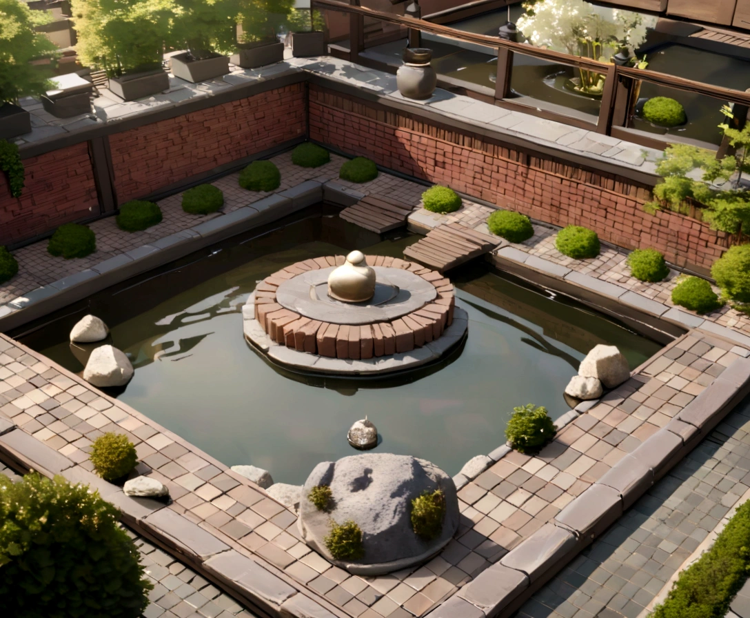 Aerial view, Outdoor koi pond surrounded by zen garden with a brick bench in the middle and brick bridges