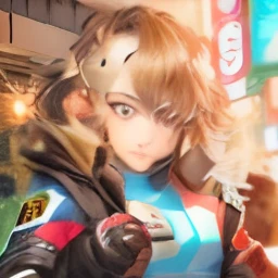 Tokyo revengers screenshot.
A girl with short curly light brown hair. You have light blue eyes and a happy expression., while holding some bags in his hand. She is dressed in pants and is wearing the Tokyo Revengers bandalos jacket and in the background she has an alley at night on a rainy day.