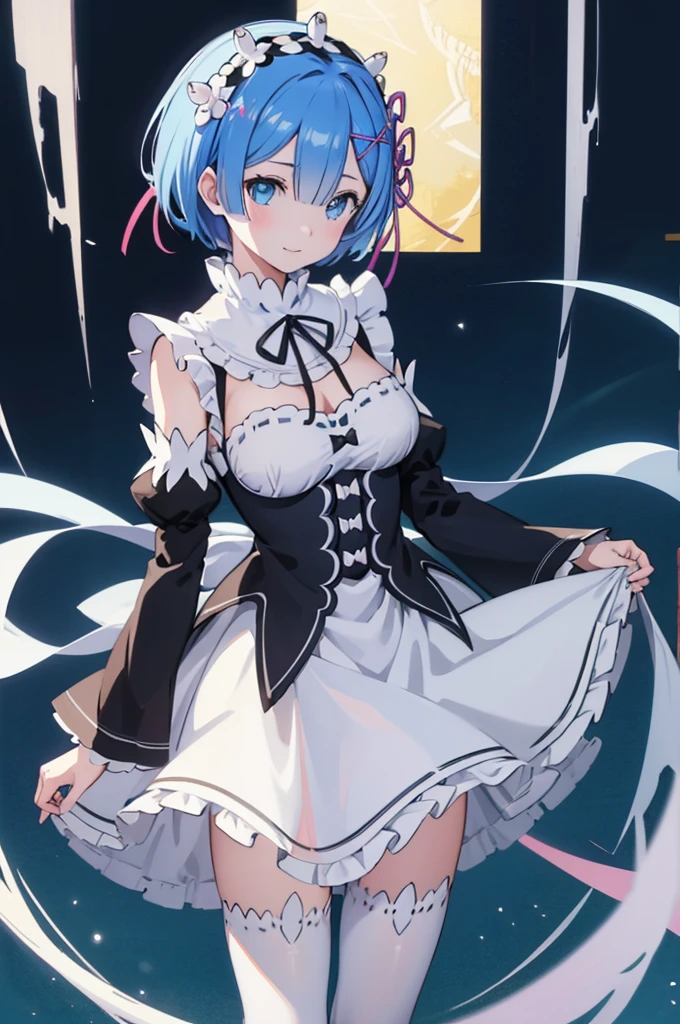 masterpiece, best quality, high resolution, best illustration, super fine illustration, (official art:0.7), (anime screencap:0.8), detailed beautiful face and eyes, anime keyvisual, (perfect anatomy:1.1), 
1girl,
rem, 
rem \(re:zero\),
short hair, 
blue hair, 
(blue eyes:1.2), (beatiful detailed eyes:1.2), 
maid headdress,  ribbon, x hair ornament, 
large breasts, 
maid uniform, detached sleeves, white tights, cold Shoulder,
happy smile, 
looking at viewer, 
cowboy shot, 
natural light, 