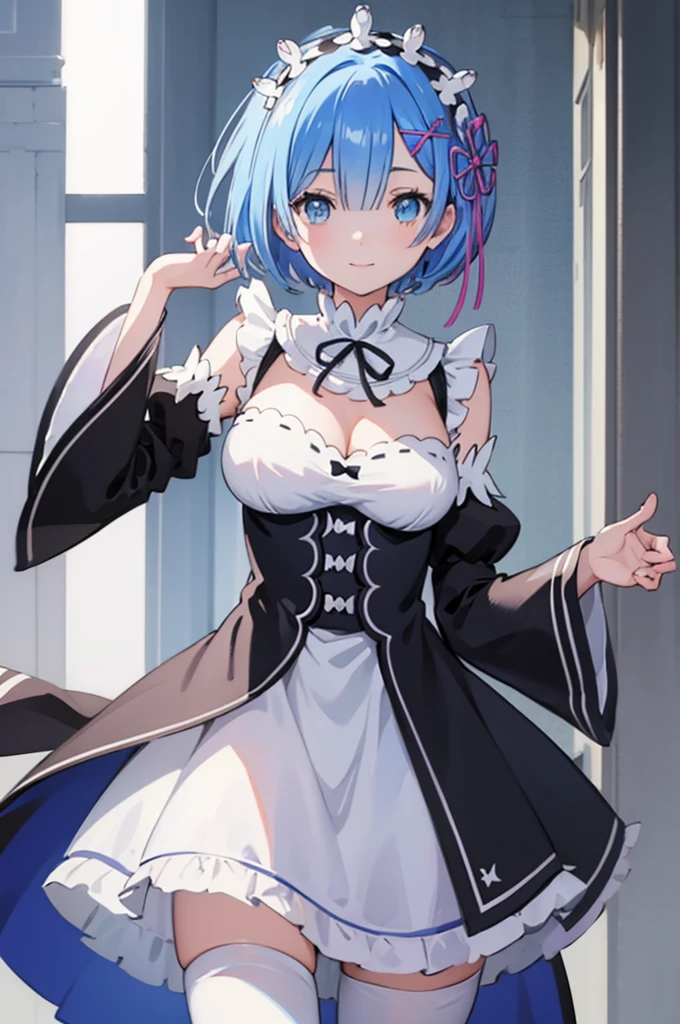 masterpiece, best quality, high resolution, best illustration, super fine illustration, (official art:0.7), (anime screencap:0.8), detailed beautiful face and eyes, anime keyvisual, (perfect anatomy:1.1), 
1girl,
rem, 
rem \(re:zero\),
short hair, 
blue hair, 
(blue eyes:1.2), (beatiful detailed eyes:1.2), 
maid headdress,  ribbon, x hair ornament, 
large breasts, 
maid uniform, detached sleeves, white tights, cold Shoulder,
happy smile, 
looking at viewer, 
cowboy shot, 
natural light, 