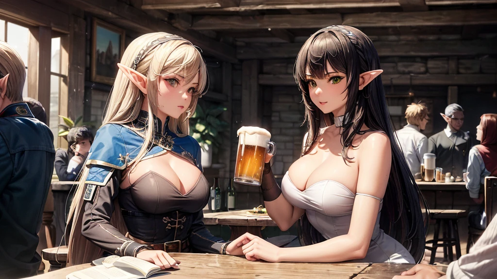 A female elf, long hair in black hair braids, very green eyes, , thin lips, round face, medium breasts, wide hips, wearing black elf warrior clothes, imposing and distinguished, beautiful and arrogant female elf, serious and superior elf, sitting at a table in a tavern drinking a mug of beer and being admired by several adventurers
sultry look, seductive