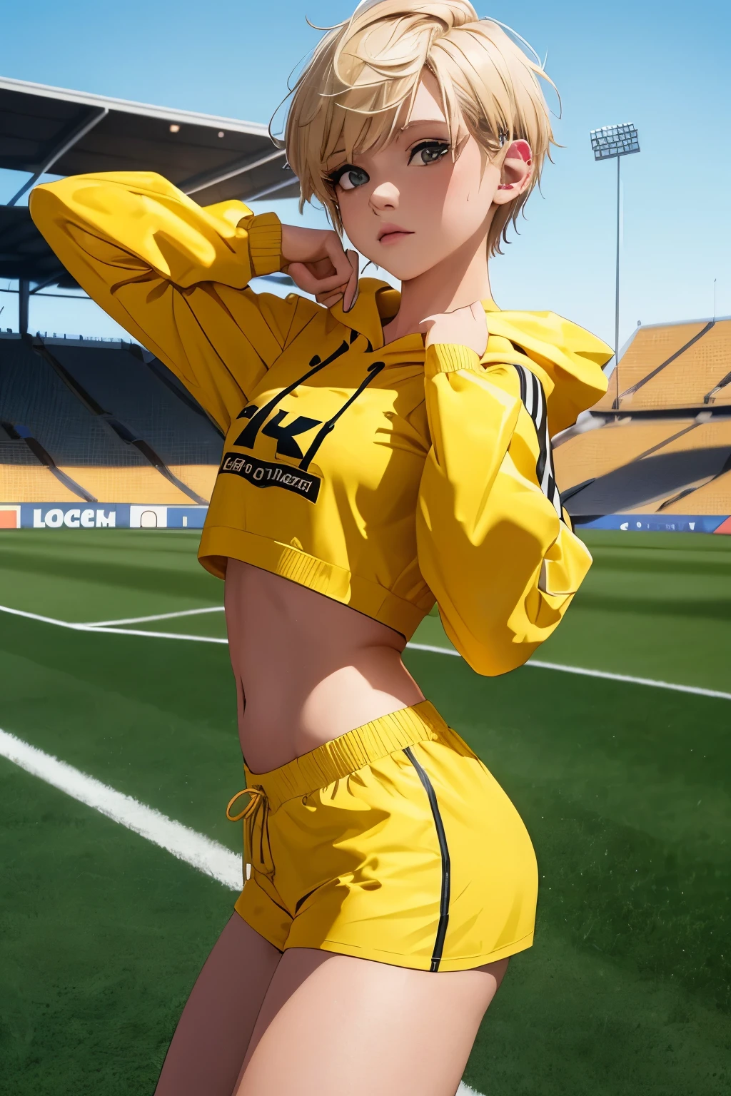 a beautiful cute girl, short blonde hair in a pixie cut , wearing a yellow hoodie, studded ears, boyshorts, posing on a soccer field with a stadium in the background, (best quality,4k,8k,highres,masterpiece:1.2),