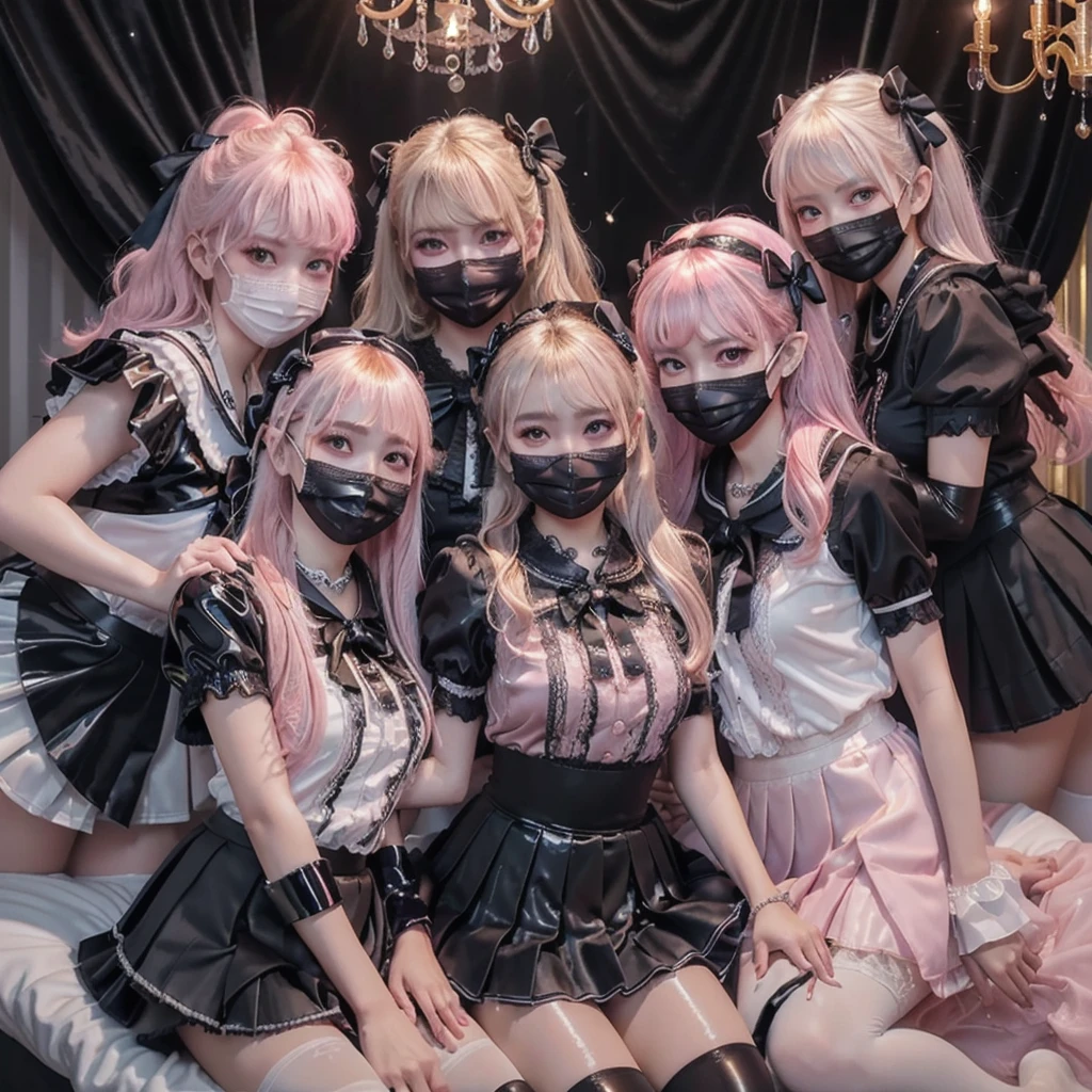 8K resolution, surreal, Super detailed, high quality, perfect anatomy, jammed, (4 girls)++, group shot, perfect proportion, full body, (((shiny satin, shiny latex, jirai fashion, sailor collar, sailor uniform, sailor uniform with many frills, pink Lace, pleated skirt, micro mini skirt, bow ribbon)))+, (((bleached hair)))+, ((super large breasts)), sitting on bed, (At the bedroom with Chandelier at late night), ((see-through black thighhighs))+, looking at viewer, shiny skin, ((grin, smile, happy)), ((((wearing black face mask))))