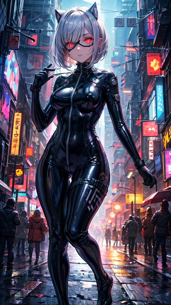 cowboy shot, 1girl, provocative catwoman outfit, fishnets thighs, (skindentation: 1.4), deep cleavage, gigantic teardrop breasts, sagging soft breasts, city street, blue sky, cinematic lighting, hyper detailed, high resolution, photorealistic, 8k, masterpiece, intricate details, dramatic pose, realistic textures, volumetric lighting, ray-traced, mood lighting, vibrant colors, neon signs, reflective surfaces, wet asphalt, atmospheric perspective, by loish, art by loish, watercolour, professional, 