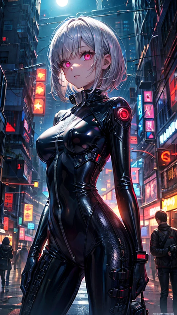 Silver Hair, bangs, Bobcut, Head-mounted display, Glowing Eyes, Textured skin, high quality, 最high quality, masterpiece, Sci-fi spies, Cyberpunk World, latex bodysuits, beautiful girl, Shiny bodysuit, Girl in the dark, 6k, cute, The facial details are particularly rich., Perfect lighting, Fits perfectly to the skin, latex, White jumpsuit, moonlight, Shades, goddess