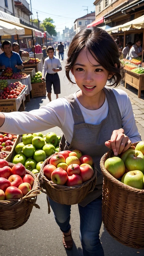 very realistic portrait, a busy traditional market with traders selling their wares, a cute little is running while carrying a balloon, making the fruit seller laugh when she almost hits a pile of apples