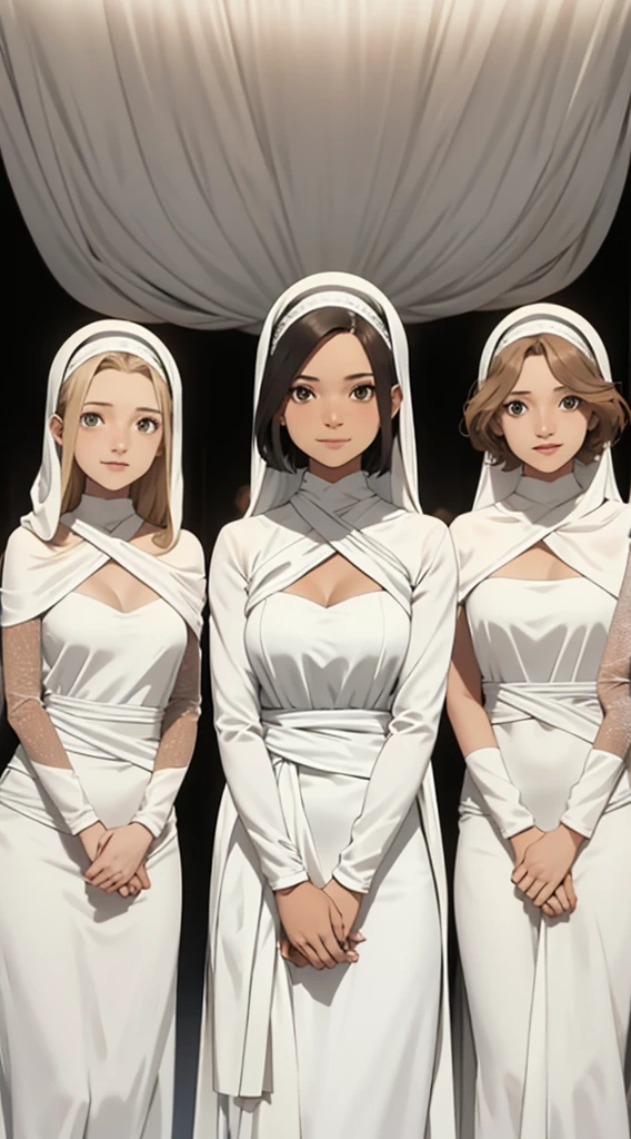 Five young women standing close together, wrapped in a single large white cloth that covers their bodies from chest to mid-thigh. They are smiling and looking at the camera. The background is plain and light-colored, emphasizing the group. Each woman has her own distinct hairstyle and expression, conveying a sense of fun and unity.