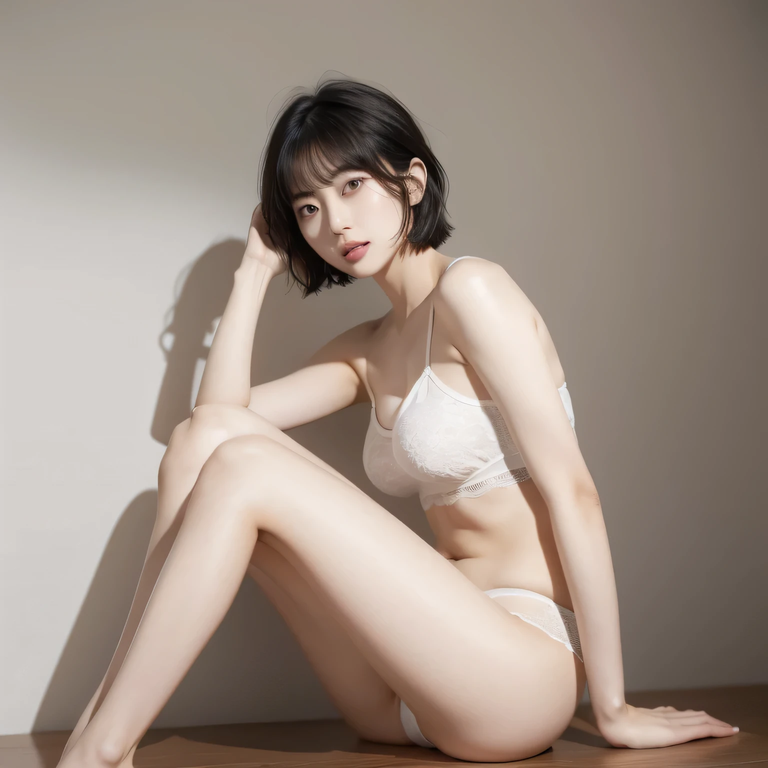 Japanese、woman、27 years old、OL,Shortcuts、Shor tcuts、Short Cut Hair、Short Hair、Short Hair、Short Bob、Brown Hair、Round face、Loose Waves、Right Divider、White skin、Narrow eye、More Narrow eyes、Half closed eyeost Half closed eyes、jitome、Thin eyebrows、Small Mouth、High nose、Delicate、Fair skin、White skin、Sitting posture、 Underwear,Short Bob、Lonly、One person
